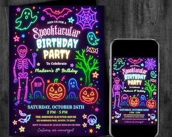 May include: A Halloween-themed birthday party invitation with neon-style graphics. The invitation features a skeleton, ghosts, pumpkins, and the text "Spooktacular Birthday Party." The date and time are displayed, along with the address and RSVP information.