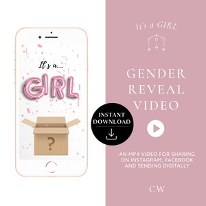 Tarjeta de video de revelación de género para descarga instantánea de NIÑA Video de anuncio de embarazo digital / Caja de globos de confeti