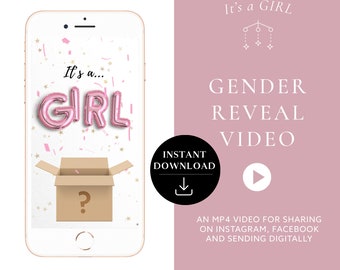 FILLE Téléchargement instantané : révélation du sexe Vidéo d'annonce de grossesse numérique sur carte vidéo | Boîte de ballons confettis