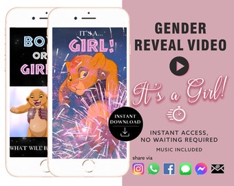 MEISJE Direct downloaden Gender Reveal Videokaart digitale aankondiging video | Ballon Countdown Vuurwerk