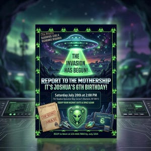 Faire-part d'anniversaire extraterrestre, invasion de l'espace OVNI, invitation à une fête de la zone 51, agent secret de l'espace, anniversaire de science-fiction, modèle modifiable Canva