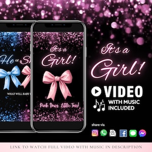 Tarjeta de video de anuncio de embarazo digital con revelación de género de niña Descarga instantánea / Lazo rosa