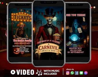 Karneval der Horrors Halloween Party Video Einladung - Haunted Zirkus Skelett, gruseliger Clown & Wahrsagerin, bearbeitbarer digitaler Download