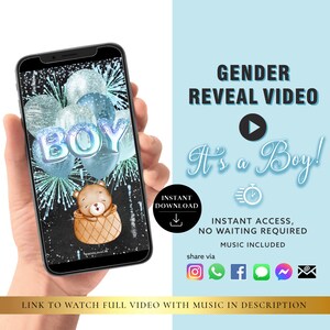 NIÑO Descarga instantánea Tarjeta de video de revelación de género Anuncio digital Video / Correo electrónico Texto Redes sociales Globo Cuenta regresiva Fuegos artificiales