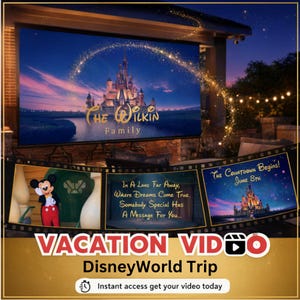 Op de afbeelding: Een digitale afbeelding met een groot buitenprojectiescherm met een kasteel en de tekst The Wilkin Family. Daaronder een filmstrip met Mickey Mouse, de tekst In A Land Far Away en The Countdown Begins! June 8th. Tekst luidt VACATION VIDEO DisneyWorld Trip.