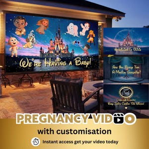 May include: A digital pregnancy announcement video with a Disney theme. The video features a collage of Disney characters and a castle. The text "We're Having a Baby!" is displayed on the screen. The video is projected onto a large screen in an outdoor setting.