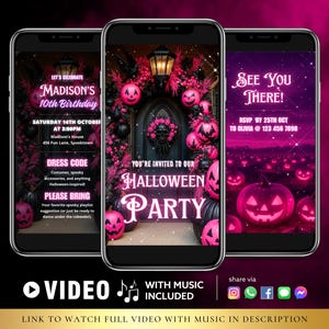 Op de afbeelding: Drie smartphones met Halloween-feestuitnodigingen. De centrale telefoon toont een versierde deur met roze pompoenen en de tekst "Halloween Party". De linkertelefoon heeft verjaardagsdetails. De rechtertelefoon zegt "See You There!" met pompoengraphics.