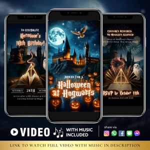 May include: Three smartphones displaying Halloween-themed invitations. The invitations feature a Hogwarts castle, pumpkins, owls, and the text "Halloween at Hogwarts." One invitation reads "To Celebrate Hermione's 10th Birthday!" and another says "RSVP by October 11th."