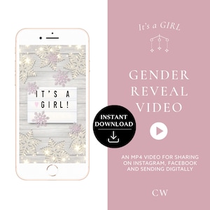Descarga instantánea del video de revelación de género ¡Es una niña! Video de anuncio de embarazo digital de tarjeta de video para redes sociales / Copos de nieve navideños