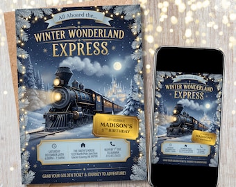 Winter Wonderland Express Invitation | Christmas Train Birthday Digital & Printable | Canva Editable Template