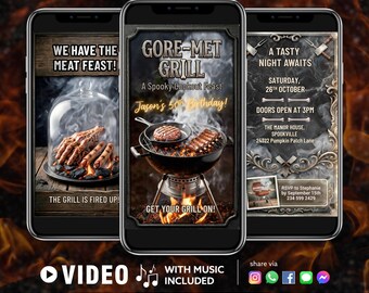 Gore-Met Grill Halloween BBQ Video Invitation, Spooky Cookout 50th Birthday Invite, Funny Slasher Horror Party, Canva Editable Template