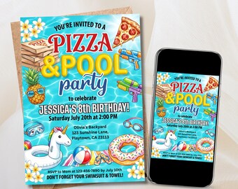 Puede incluir: Una colorida invitación para una fiesta de pizza y piscina, con una porción de pizza, pistolas de agua y una piña con gafas de sol. La invitación incluye el texto "Pizza & Pool Party" y detalles de la fiesta.