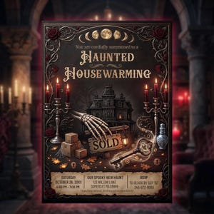 May include: A rectangular invitation card featuring a haunted house illustration, a skeleton hand holding a sold sign, and a vintage key. The text reads: You are cordially summoned to a HAUNTED HOUSEWARMING, Saturday October 26, 20XX, 4:00 PM - 7:00 PM, 123 Willow Lane, Somerset MA 06666, RSVP to Olivia by Sep 1st 345-672-8999.