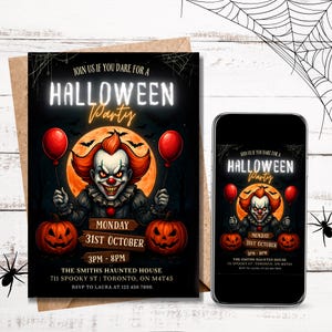 ANY TEXT Halloween Haunted Clown Balloons Pumpkins Invite Digital and Printable Invite Editable Template | Instant Download