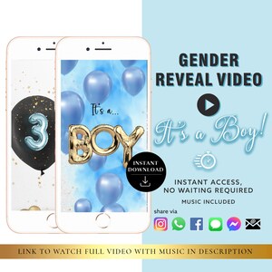 GARÇON Vidéo d'annonce numérique pour carte vidéo Gender Reveal à téléchargement immédiat | E-mail Texte Réseaux sociaux Ballon Compte à rebours Fumée