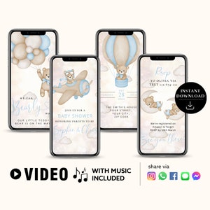 ANY TEXT Baby Shower Party Invitation | Blue Baby Bear Air Balloons Baby Shower | Canva Self Edit Video Instant Download