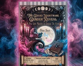 Nightmare Gender Reveal Invitation, Whimsical Halloween Mobile Evite, Gothic A Little Monster is on the Way Party, Canva Editable Template