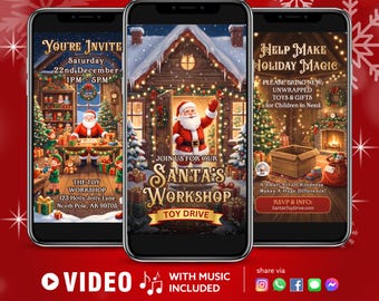 Santa Workshop Toy Drive Video Invitation, Christmas Charity Event Invite, Community Digital Evite, Canva Editable Template
