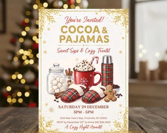 May include: A festive invitation for a Cocoa & Pajamas party. The design features a red mug of cocoa, slippers, a thermos, and a gingerbread man. The text reads "You're Invited! Cocoa & Pajamas".