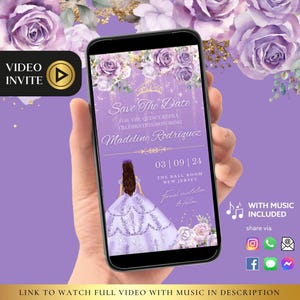 Puede incluir: Video de invitación a la Quinceañera en morado y dorado con una princesa con un vestido morado y el texto "Save The Date" para la celebración en honor a Madeline Rodriguez el 03|09|24 en The Ball Room en Nueva Jersey.