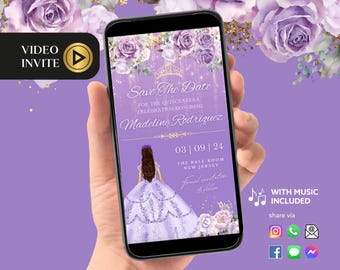 Puede incluir: Video de invitación a la Quinceañera en morado y dorado con una princesa con un vestido morado y el texto "Save The Date" para la celebración en honor a Madeline Rodriguez el 03|09|24 en The Ball Room en Nueva Jersey.