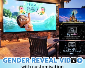 May include: A large outdoor projection screen displaying a gender reveal video featuring a cartoon character, tropical flowers, and the text IT'S A BOY. Smaller inset screens show a castle with the text Olivia & William's Gender Reveal and Boy or Girl?