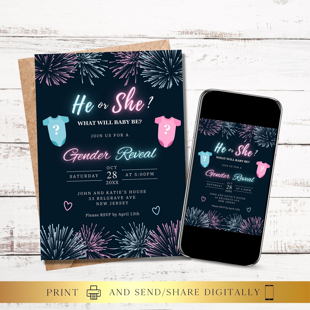ANY TEXT Gender Reveal Firework Invitation, Boy or Girl Digital Gender Reveal Invitation