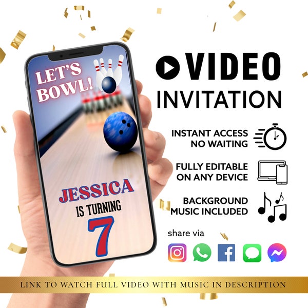 ELKE TEKST Bowling Party Video-uitnodiging, Geanimeerde Party Evite Digitale Muziek Bewerkbare Video Instant Download