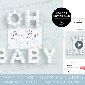 Descarga instantánea del vídeo de revelación de género ¡Es un niño! Vídeo digital de anuncio de embarazo en formato tarjeta de vídeo para redes sociales / Confetti