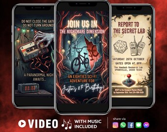 Retro Eighties Sci-Fi Video Invitation, Upside Down Birthday Mobile Evite, Neon Red Arcade Party, Scary 80s Horror, Canva Editable Template