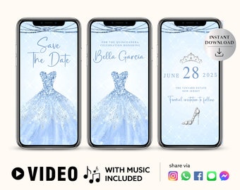 ANY TEXT Quinceañera Prom Bridal Shower Invitation Animated Blue Glitter | Save The Date Party | Canva Self Edit Video Instant Download