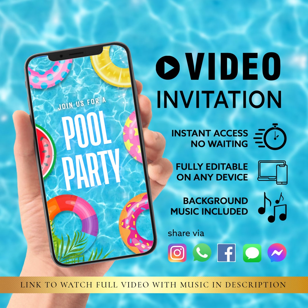 ANY TEXT Pool Party Birthday Invitation Pool Birthday Evite Video Pool