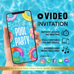 ANY TEXT Pool Party Birthday Invitation | Birthday Evite Video Electronic Invitation | Canva Self Edit Instant Download