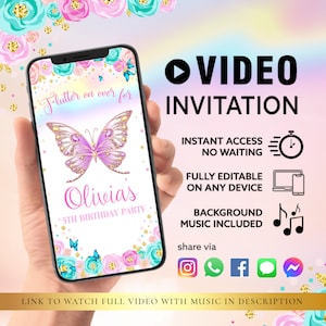 QUALQUER TEXTO Convite de vídeo para festa de aniversário de borboleta, vibração por festa de chá de bebê Evite | Download instantâneo de autoedição do Canva
