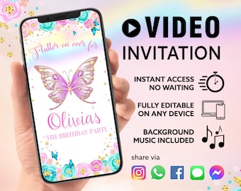 Peut inclure: Une vidéo d'invitation d'anniversaire avec un papillon rose et bleu, des paillettes dorées et des fleurs. Le texte indique "Flutter on over for Olivia's 5th Birthday Party".