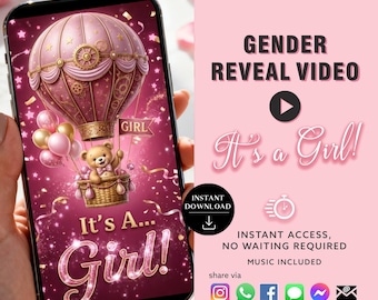 Teddy Bear Hot Air Balloon Gender Reveal Video, Its A Girl Adventure Awaits Baby Announcement - Virtual Instant Download