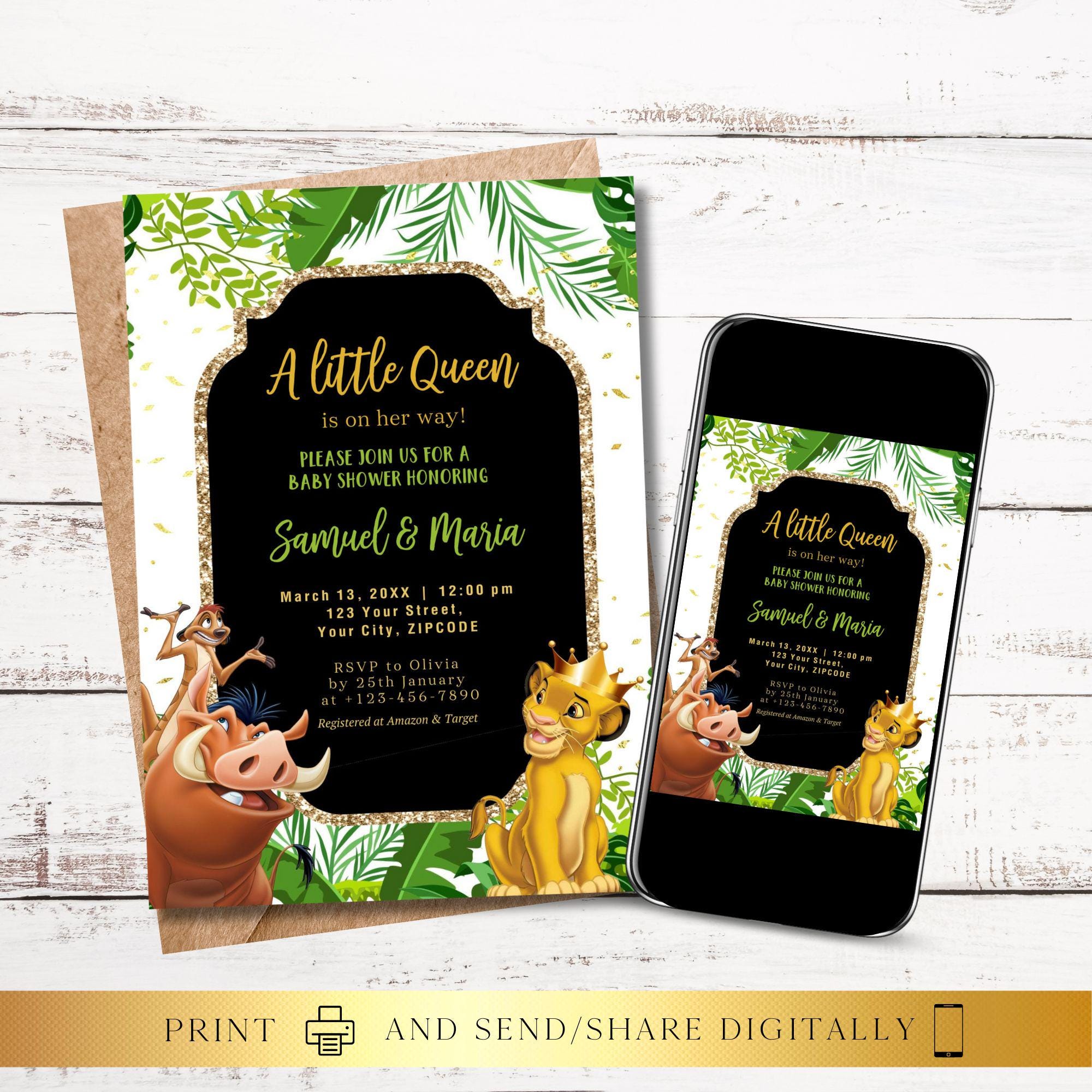 ANY TEXT Little Queen Baby Shower Party Invitation | Jungle Wild Animals | Self Edit Instant Download