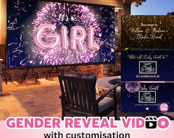 以下が含まれることがあります： ピンクの花火とメタリックピンクのバルーンでIt's a GIRLと書かれた大きなスクリーンを表示するデジタルジェンダーリビール動画テンプレート。金色のグリッター背景やエコー写真にカスタムテキストを重ねたシーンも含まれています。