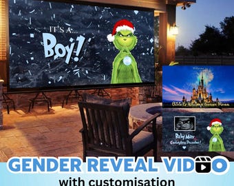 May include: A gender reveal video with a green Grinch character and a blue background with the text "It's a Boy!" and confetti. The video also includes a scene with a castle and fireworks and a scene with a baby ultrasound image and the text "Baby Max Coming this December!"