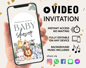ANY TEXT Baby Shower Party Invitation Safari Animals | Lion Elephant Giraffe | Custom Editable Video Instant Download