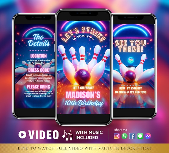 Editable Bowling Party Video Bowling Alley Birthday Animated Evite, Canva Editable Digital Download