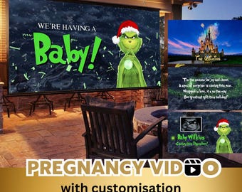 Puede incluir: Un anuncio de video digital para un anuncio de embarazo. El video presenta un personaje verde del Grinch con un gorro de Papá Noel rojo, una imagen de ultrasonido de bebé y el texto "We're having a Baby!" y "Baby Wilkins Coming this December!"