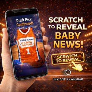 Puede incluir: Un teléfono inteligente muestra una camiseta de baloncesto con el texto "A NEW ROOKIE IS JOINING THE TEAM!" y el número 1. La pantalla también muestra "Draft Pick Confirmed!" y un balón de baloncesto. El fondo tiene el texto "SCRATCH TO REVEAL BABY NEWS!"