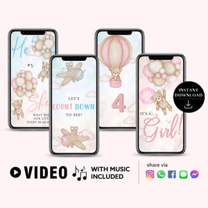 Tarjeta de video de revelación de género de NIÑA Descarga instantánea Anuncio digital Globo de acuarela Oso Confeti Cuenta regresiva Fuegos artificiales