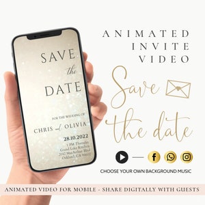 Save the Date Video E Invite, Phone Save the Date, Wedding Save the Date, Text Message Invite, Champagne Gold Glitter SD03