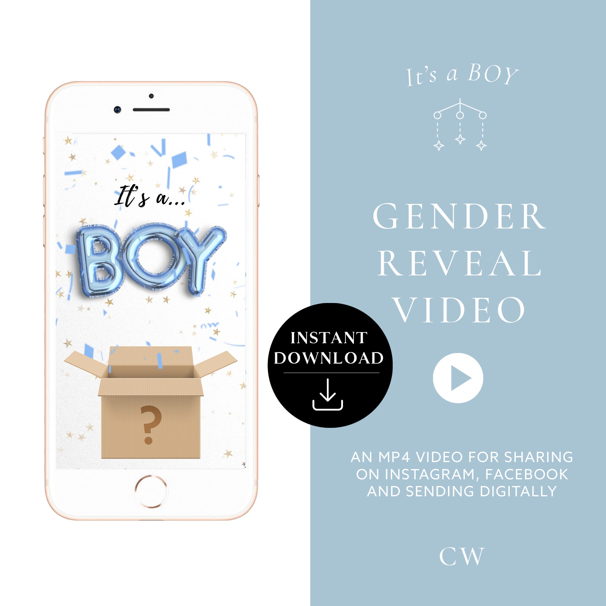 Gender Reveal Video – It’s a Boy – Instant Download Digital Pregnancy Announcement for Text, Social Media – Confetti Balloons Box Theme