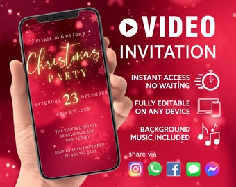 ANY TEXT Red Christmas Party Video Invitation, Animated Party Evite, Digital Christmas Invitation Card Music Editable Video Instant Download