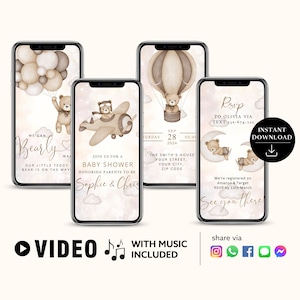 ANY TEXT Baby Shower Party Invitation | Neutral Baby Bear Air Balloons Baby Shower | Canva Self Edit Video Instant Download