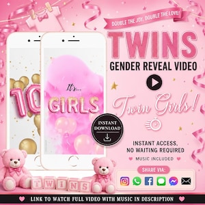 Pode incluir: Um modelo digital para um vídeo de revelação de género de gémeos com balões cor-de-rosa, detalhes dourados e dois ursos de peluche. O texto diz: Double the joy, double the love! Twins Gender Reveal Video, It's... GIRLS, Twin Girls!, Instant Download, Instant access, no waiting required, music included, share via, e link to watch full video in description.
