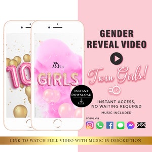 TWIN GIRLS Sofortiger Download Gender Reveal Video Karte digitales Ankündigungsvideo | E-Mail Text Social Media Ballon Countdown Feuerwerk